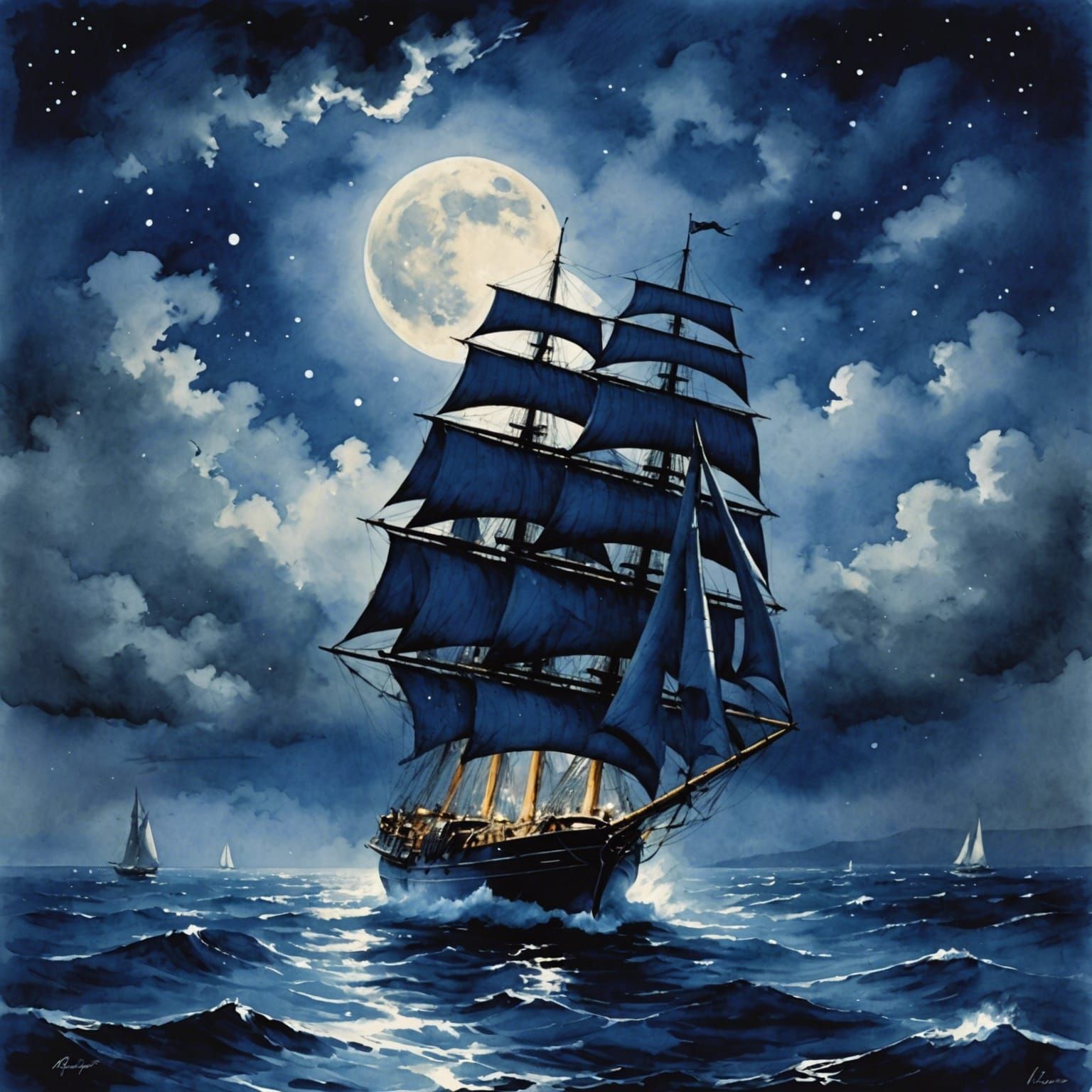 Ultramarine Sailboat on a Starry Night