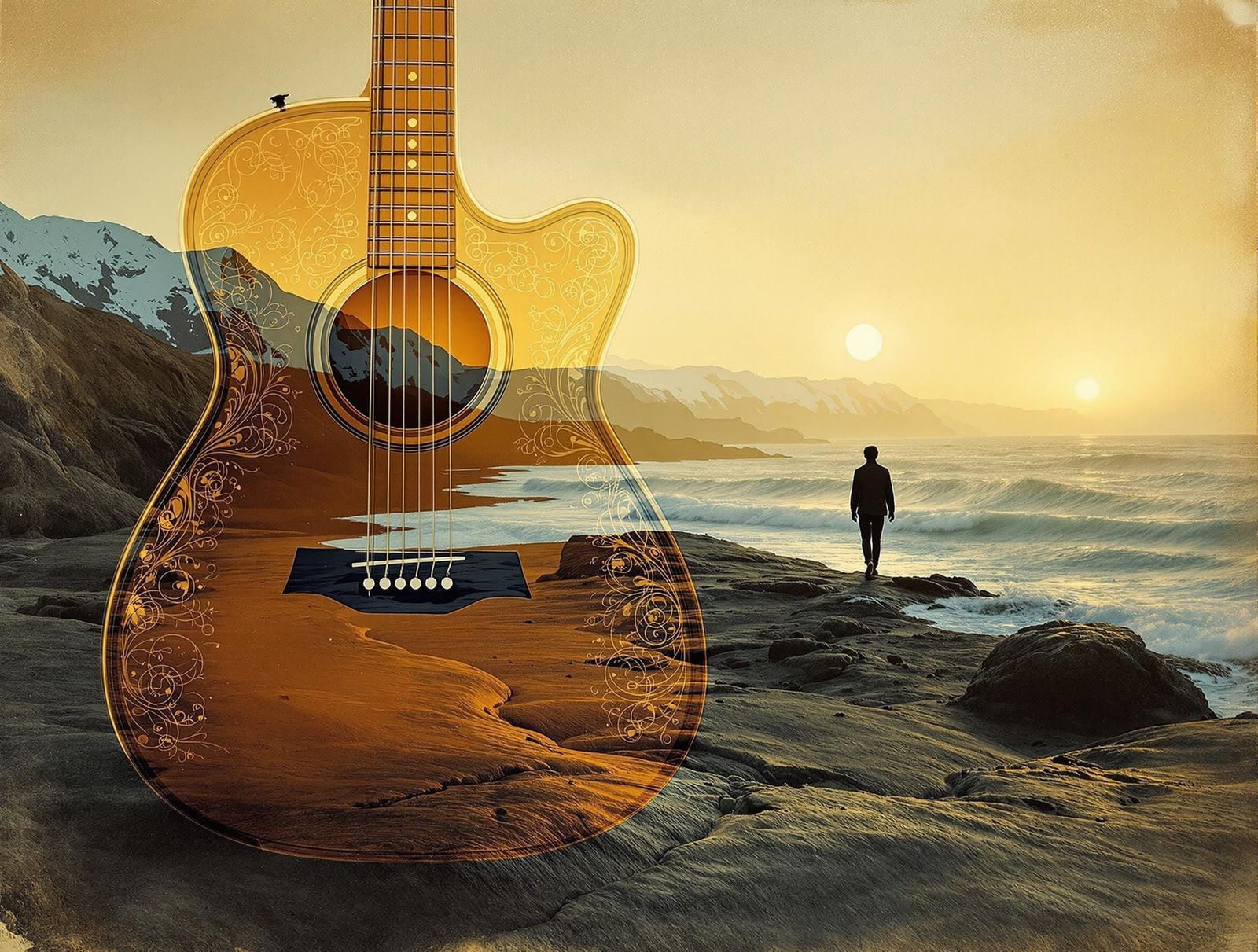 Melancholic Guitar Sunset: A Vintage Double Exposure