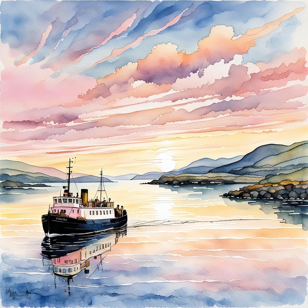 Charming Scottish Harbour Sunset in Watercolour Style