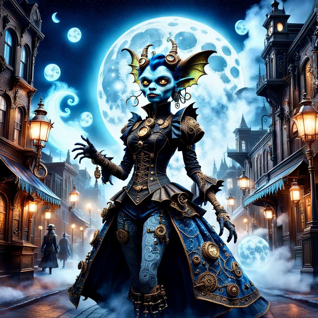 Steampunk Gremlin in Surrealist Cityscape