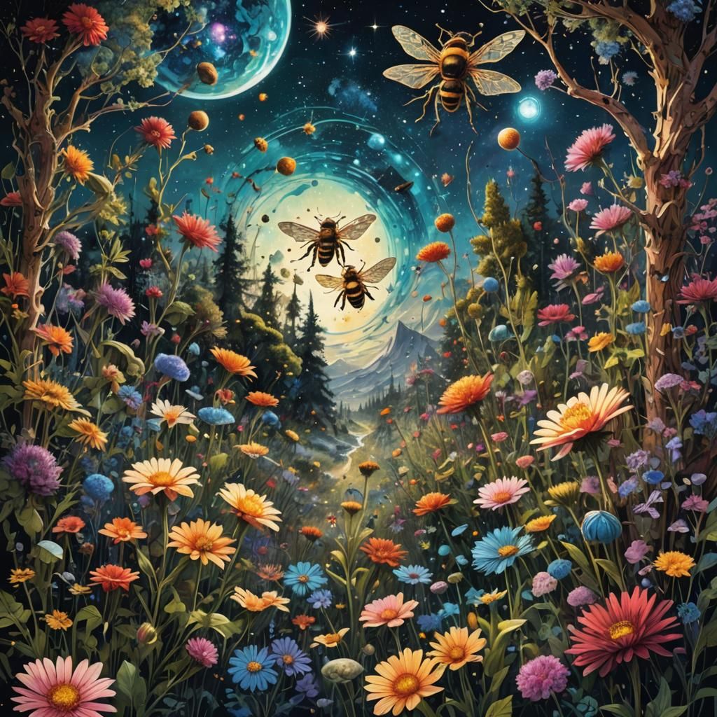 Cosmic Gardens with Planetary Blossoms in Digital Art