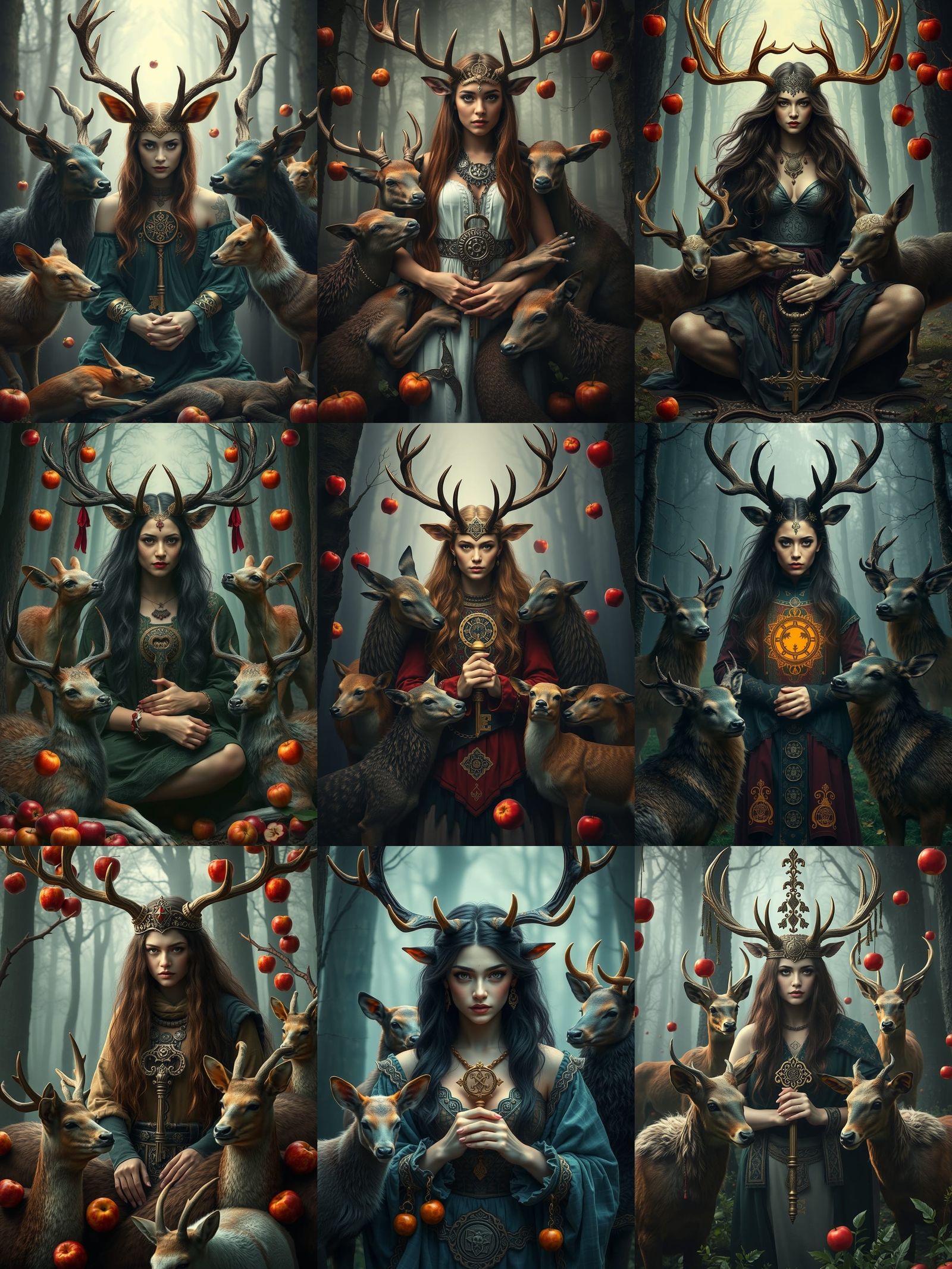 a celtic mythology painting of a woman surrounded by animals, frank dillane as puck, anthropomorphic female deer, nvidia...