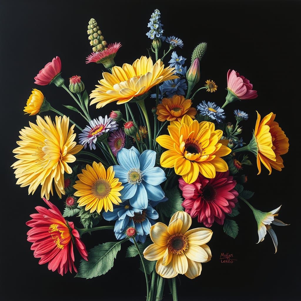 Colorful Floral Still Life in Scratchboard Style