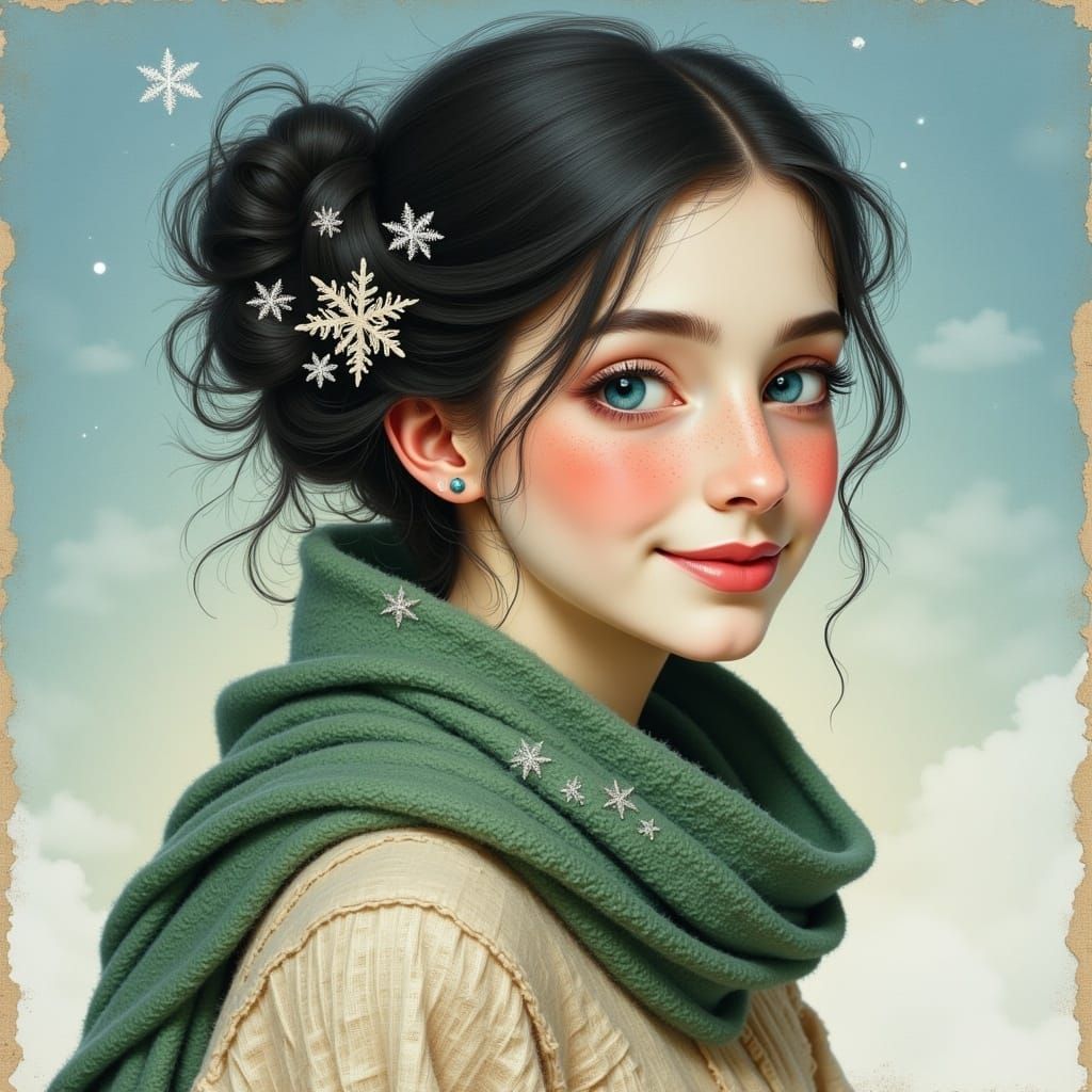 Ethereal Winter Portrait in Mixed Media Style