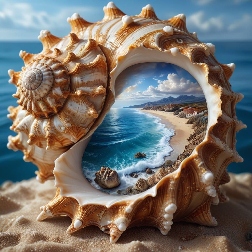 Seascape Reflected in Seashell: A Surreal Macro Photograph