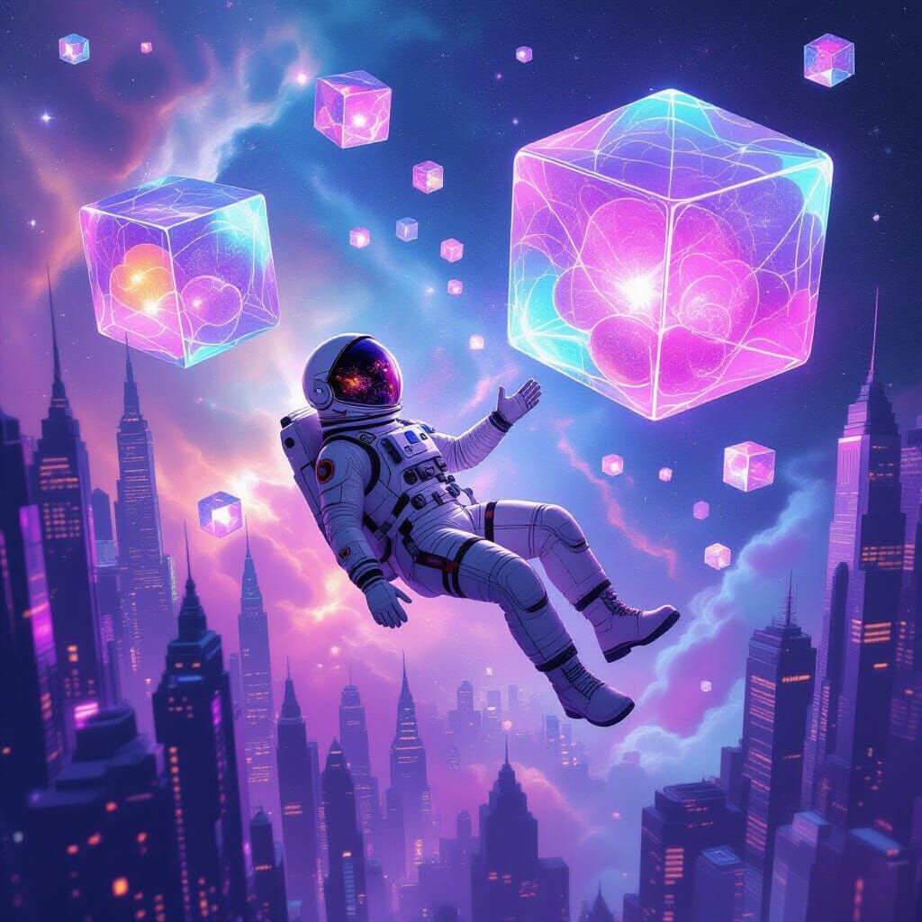 Astronaut Drifting Near Gelatin Cubes in Space