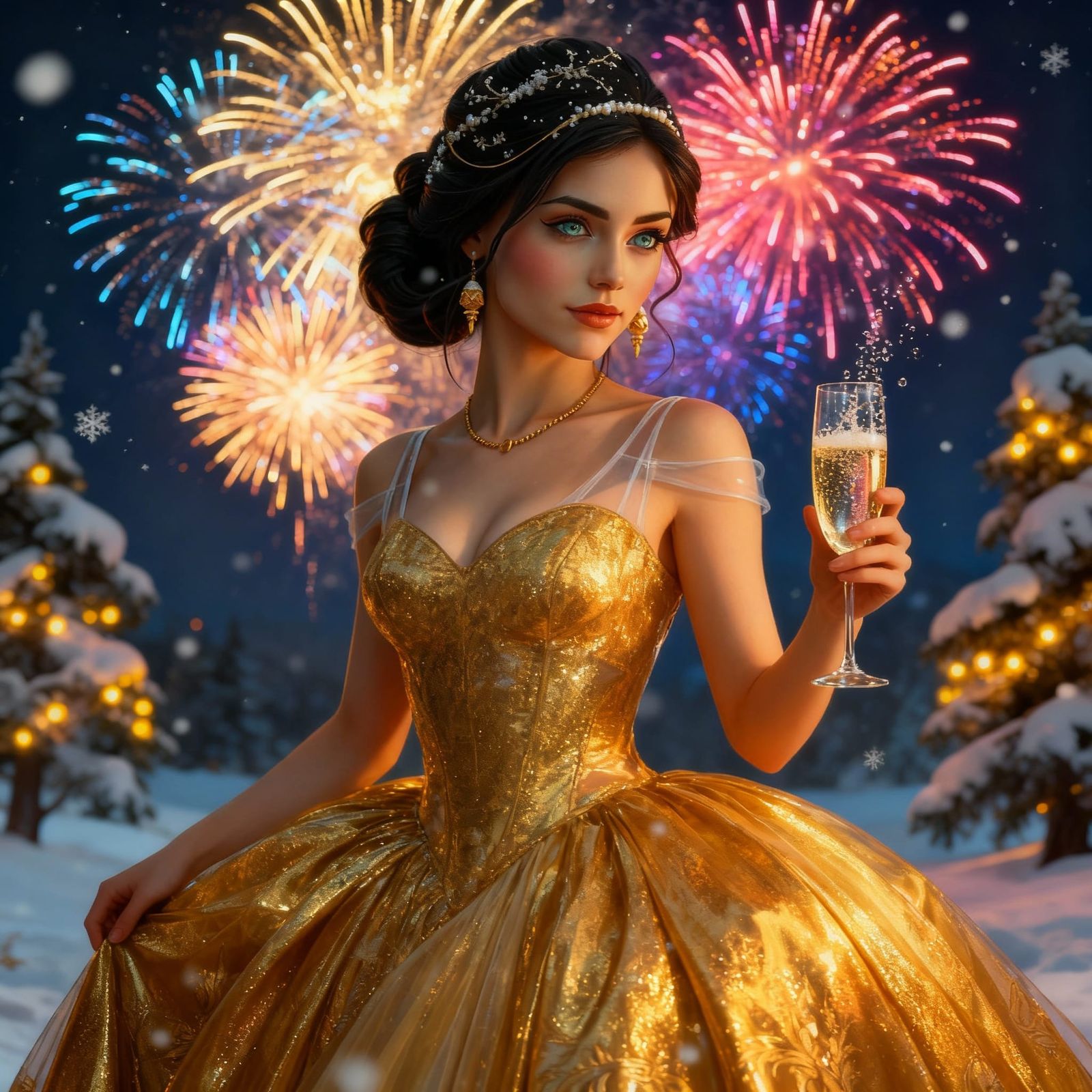 Winter Night Portrait of Woman with Fireworks