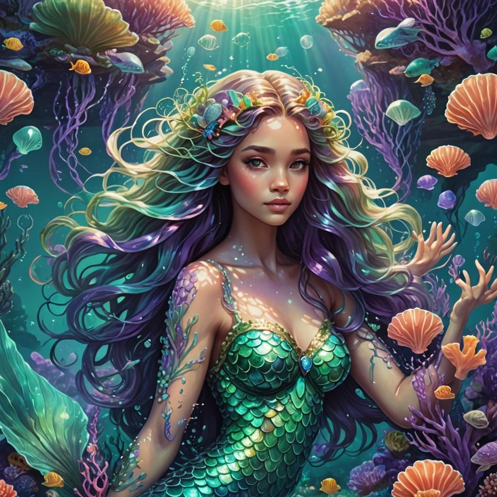 Turquoise Mermaid in Coral Reef: Fantasy Art