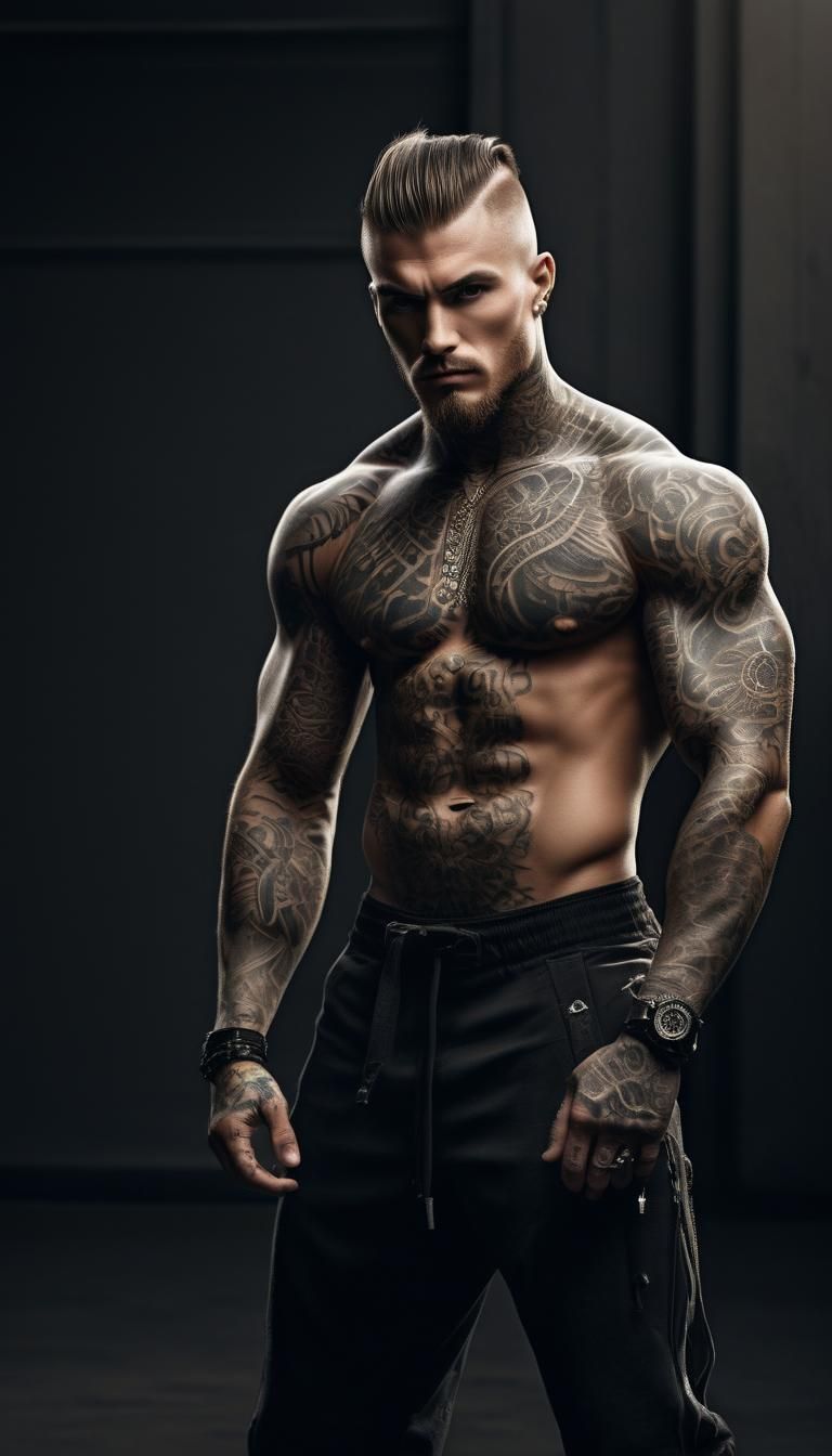 Monochrome Portrait of Tattooed Warrior in Modern Style