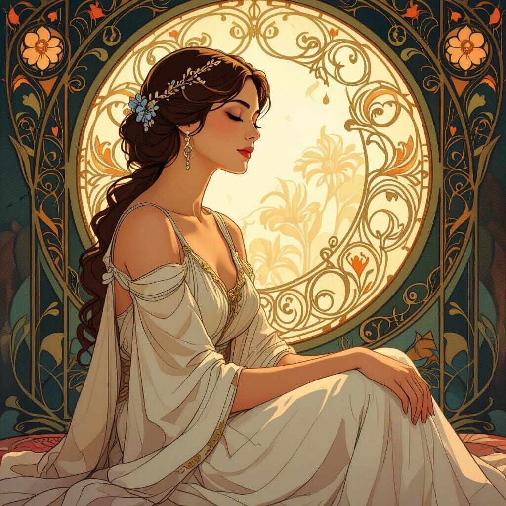 Elegant Woman in Alphonse Mucha Style