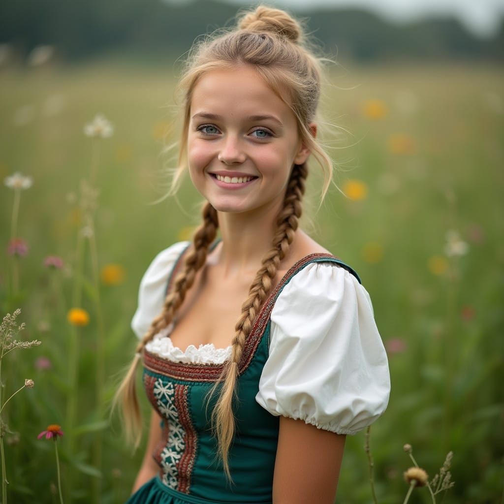 Dreamy Dirndl Portrait in a Lush Green Meadow