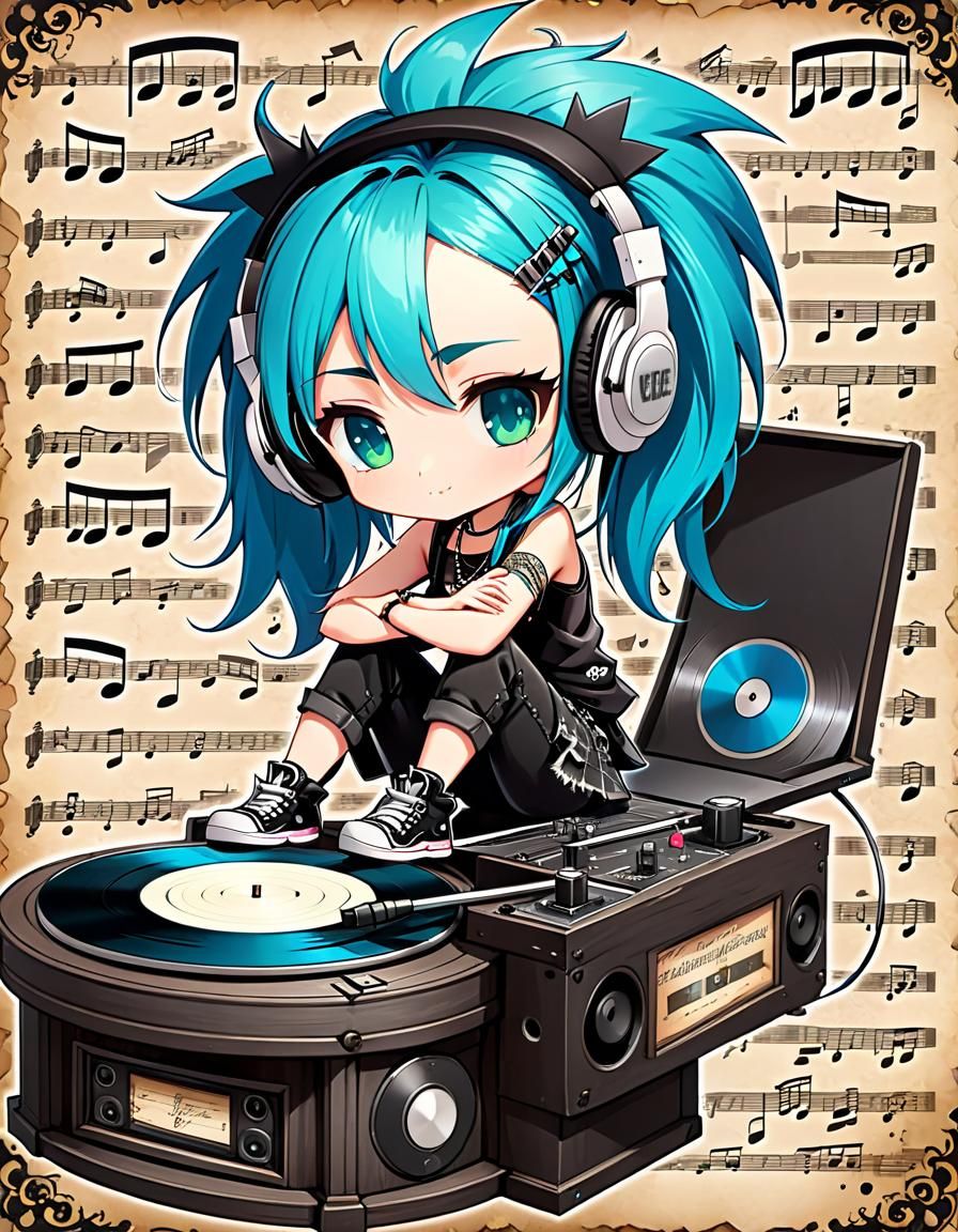 Punk Chibi Girl at Turntable: Alcohol Ink Art