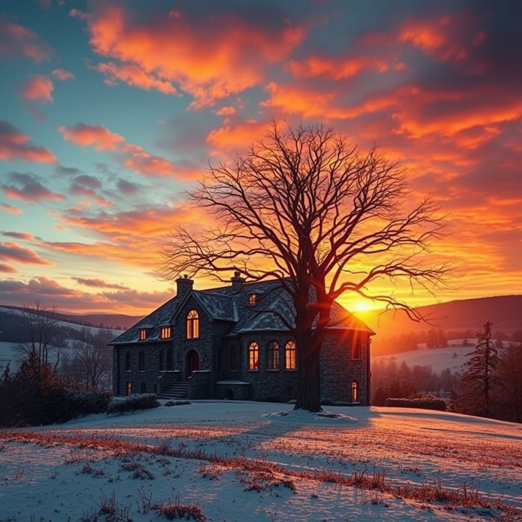 Country House in Winter Landscape at Sunset