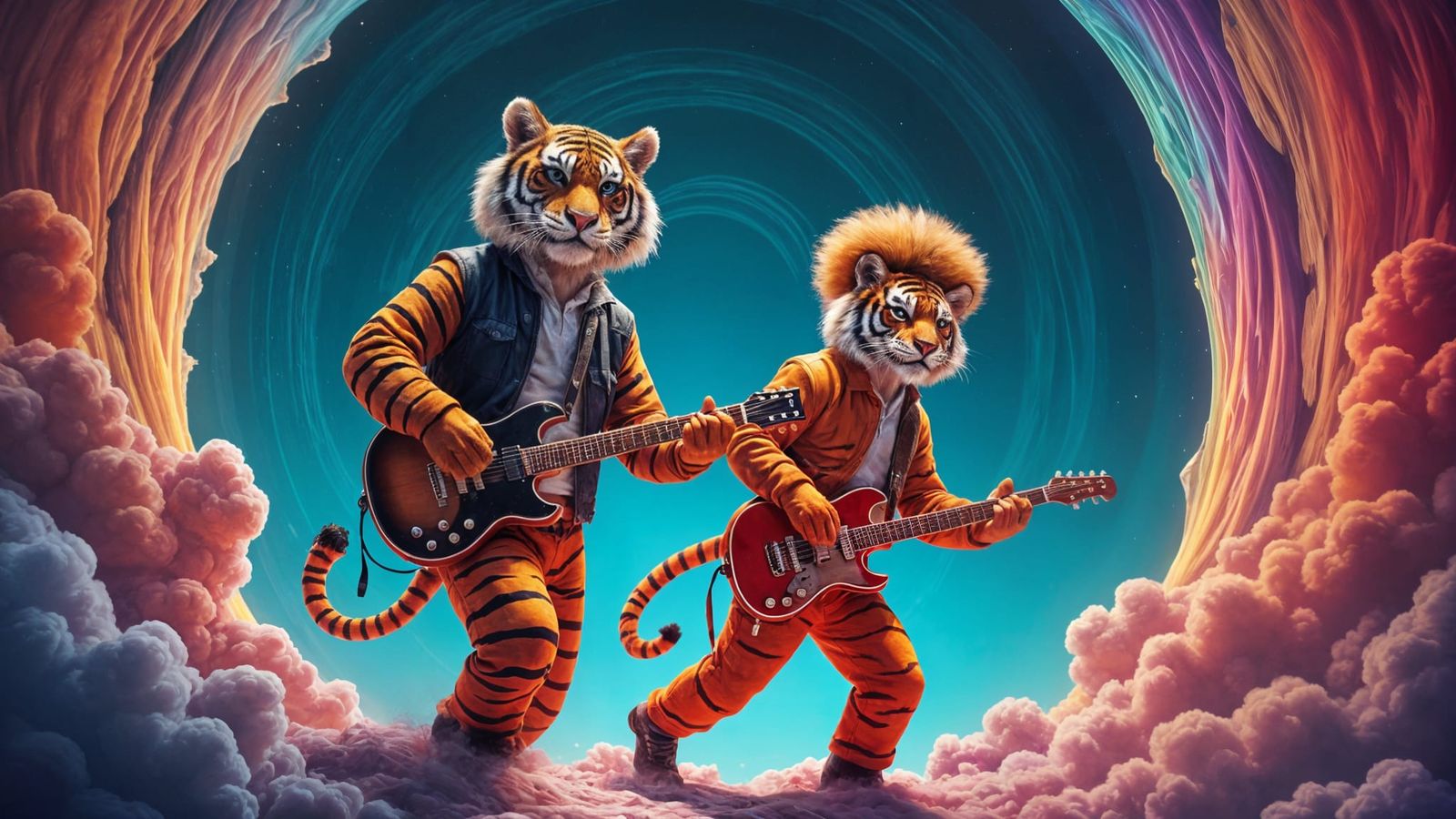 Surreal Tigers with Guitars Step Through Wormhole