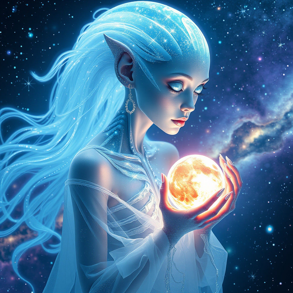 Ethereal Alien Woman in Starry Galaxy, Hyperrealistic Art