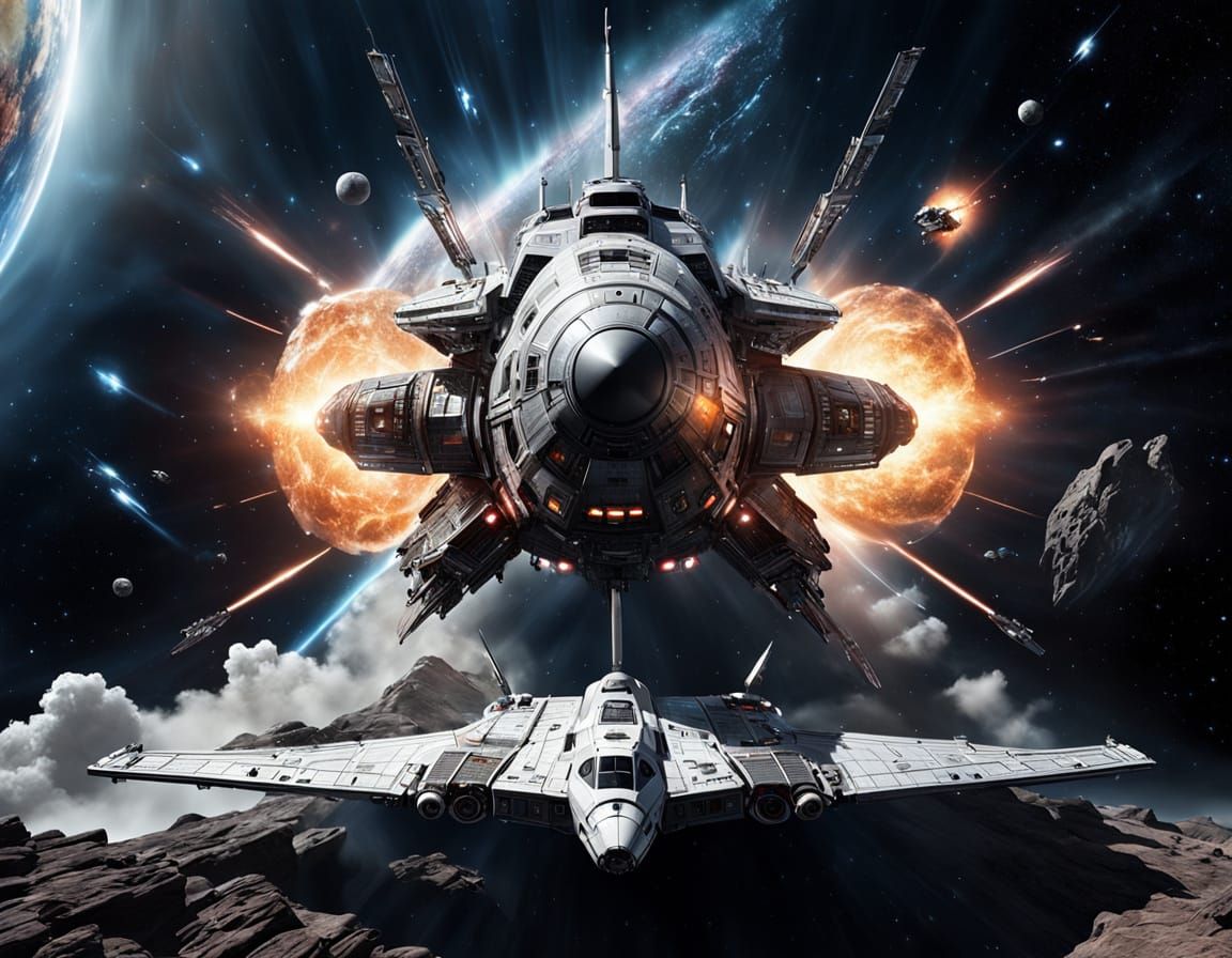 Spaceship in Meteoric Storm Near Cape Nebula