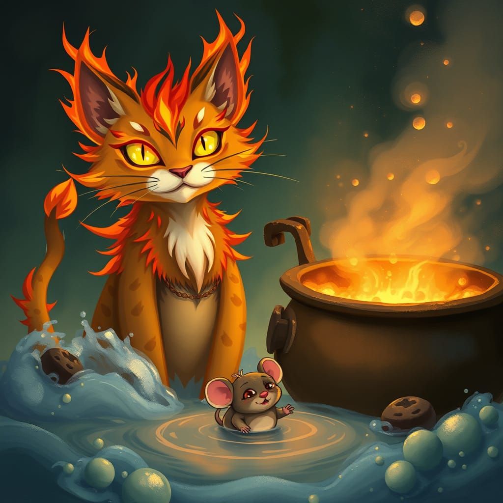 Majestic Fiery Feline in a Whimsical Fantasy World