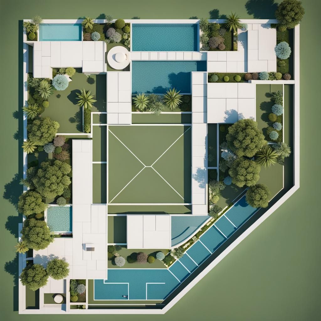 Blue Geometric Wellness Center with Garden, 3D Render