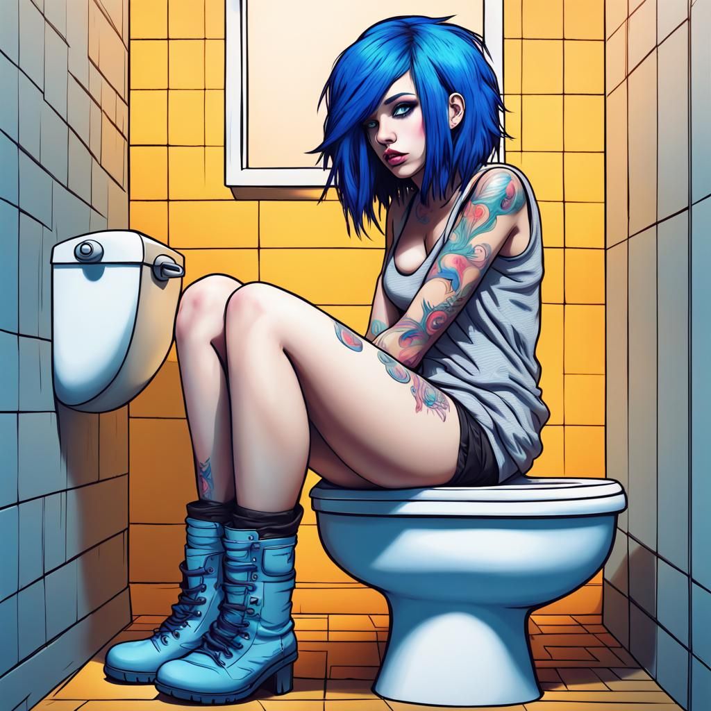 Emo Girl on Toilet: Hyperrealistic Digital Art