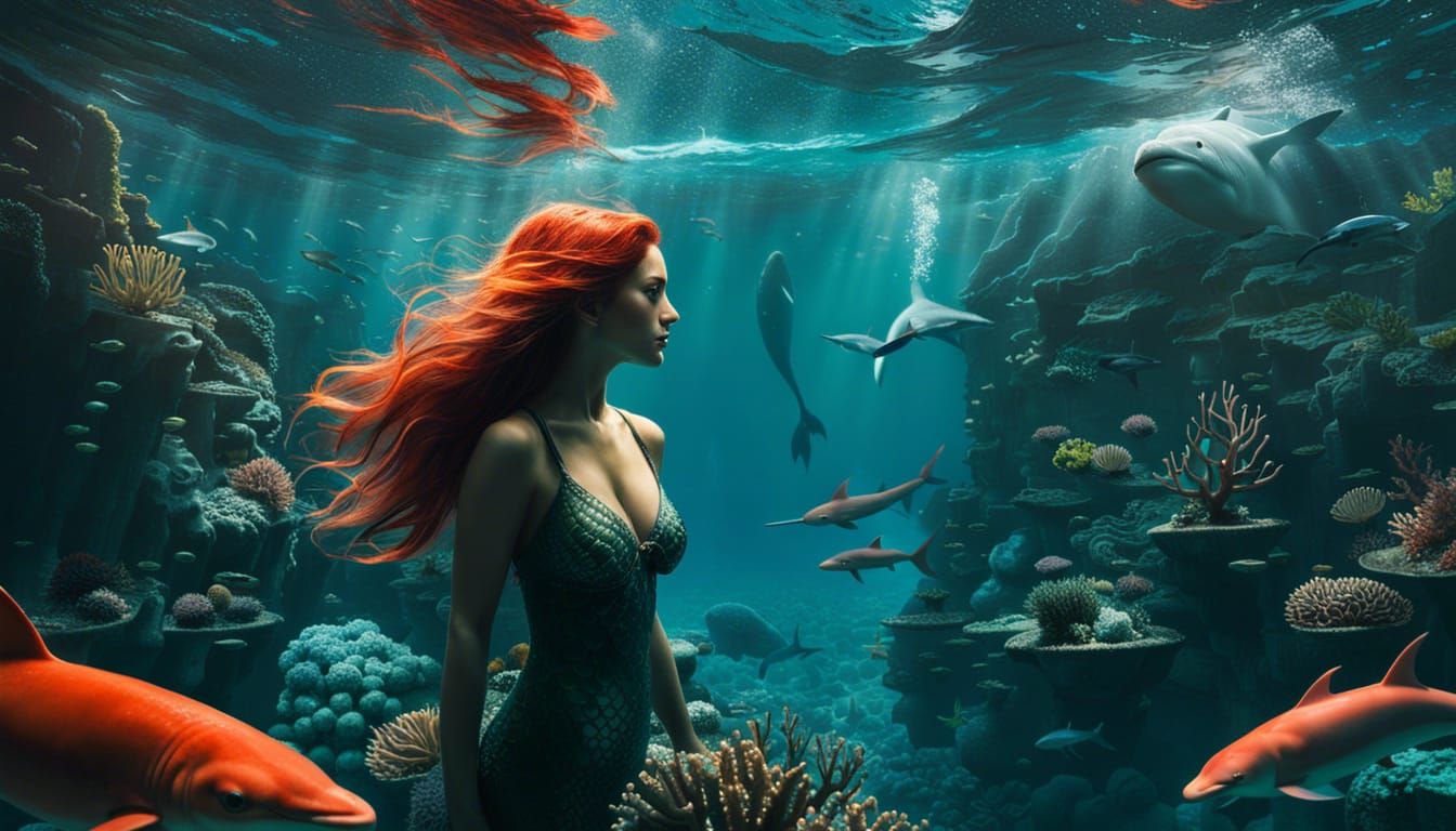 Mermaid Swimming with Dolphins in Coral Reefs