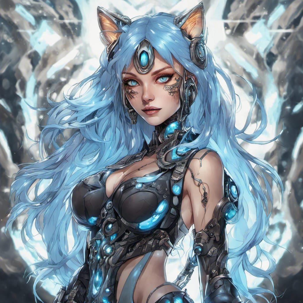 Anime Woman with Cat Eyes in Raver Outfit