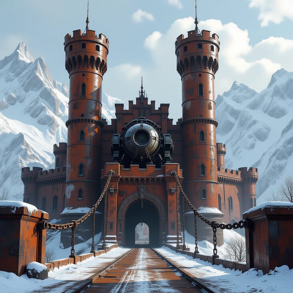 Dystopian Iron Castle with Robotic Catapult