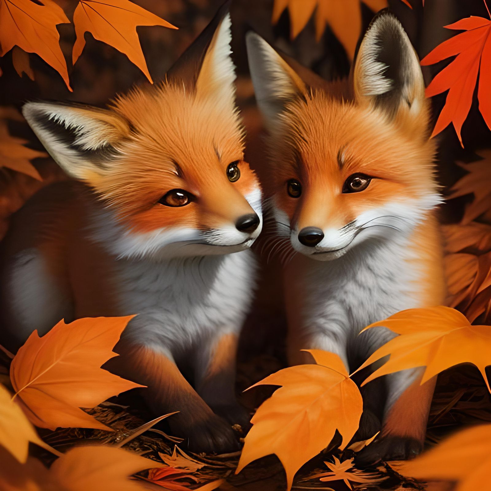 cute fox cubs playing with autumn leaves watercolour style