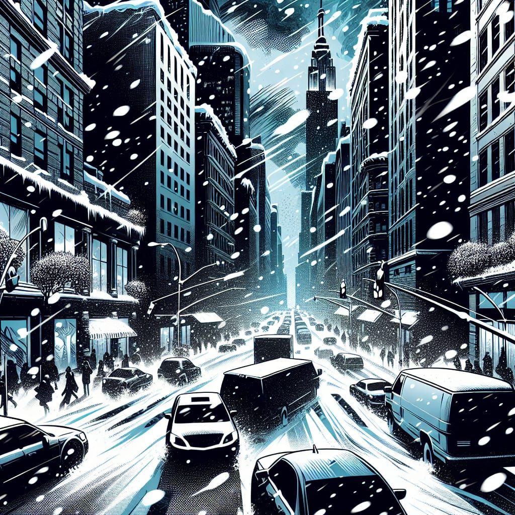 a comic-style illustration inspired by the dynamic work of Frank Miller, depicting a
snowstorm in a bustling city with e...