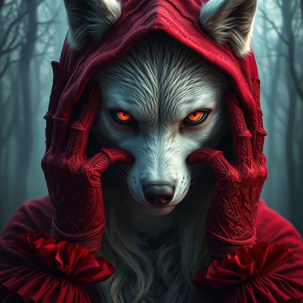 Mystical White Wolf Woman in Crimson Gloves and Hood
