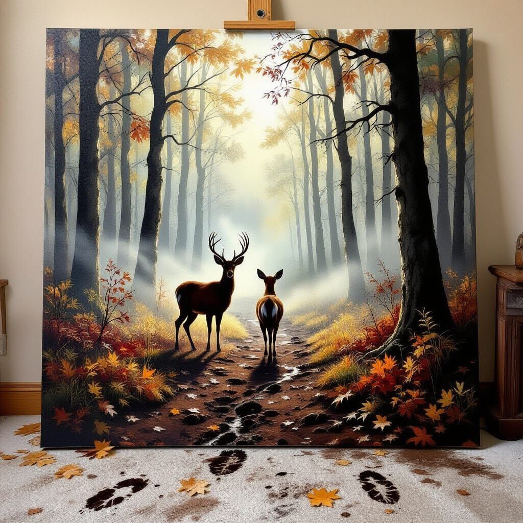 Surreal Forest Deer Emerge Onto Studio Floor Painting
