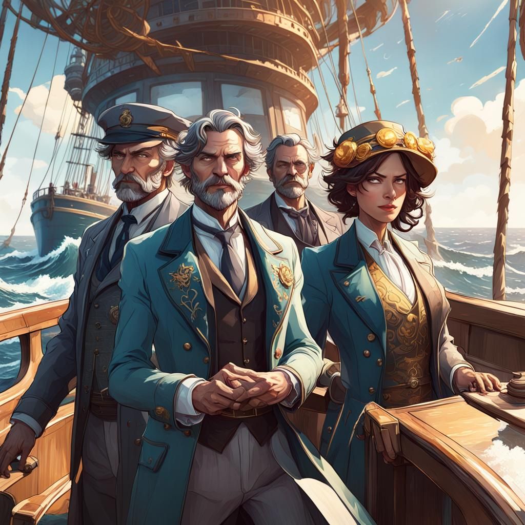 Detectives on Sunny Ship in Hyperdetailed Art