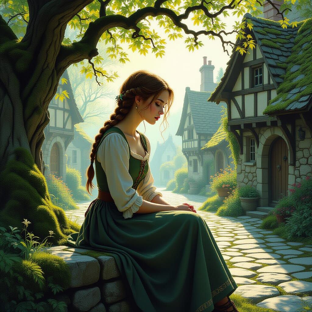 Wistful Woman on Mossy Wall in Fairytale Village