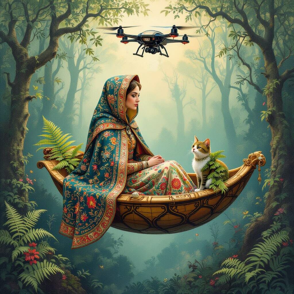 Woman in Turtleshell Boat Above Mystical Forest