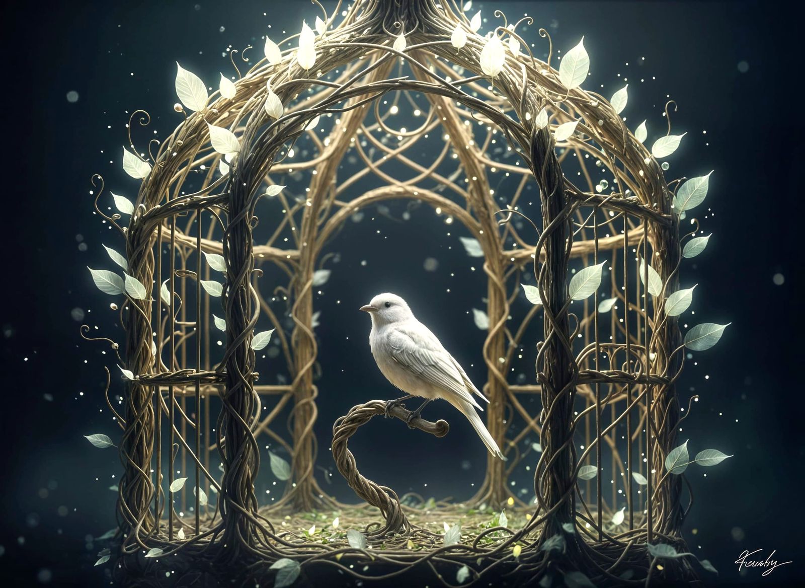 Bioluminescent Vine Birdcage with Resting White Bird