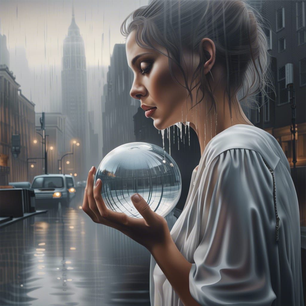 Woman Holding Crystal Ball Reflecting Rainy City