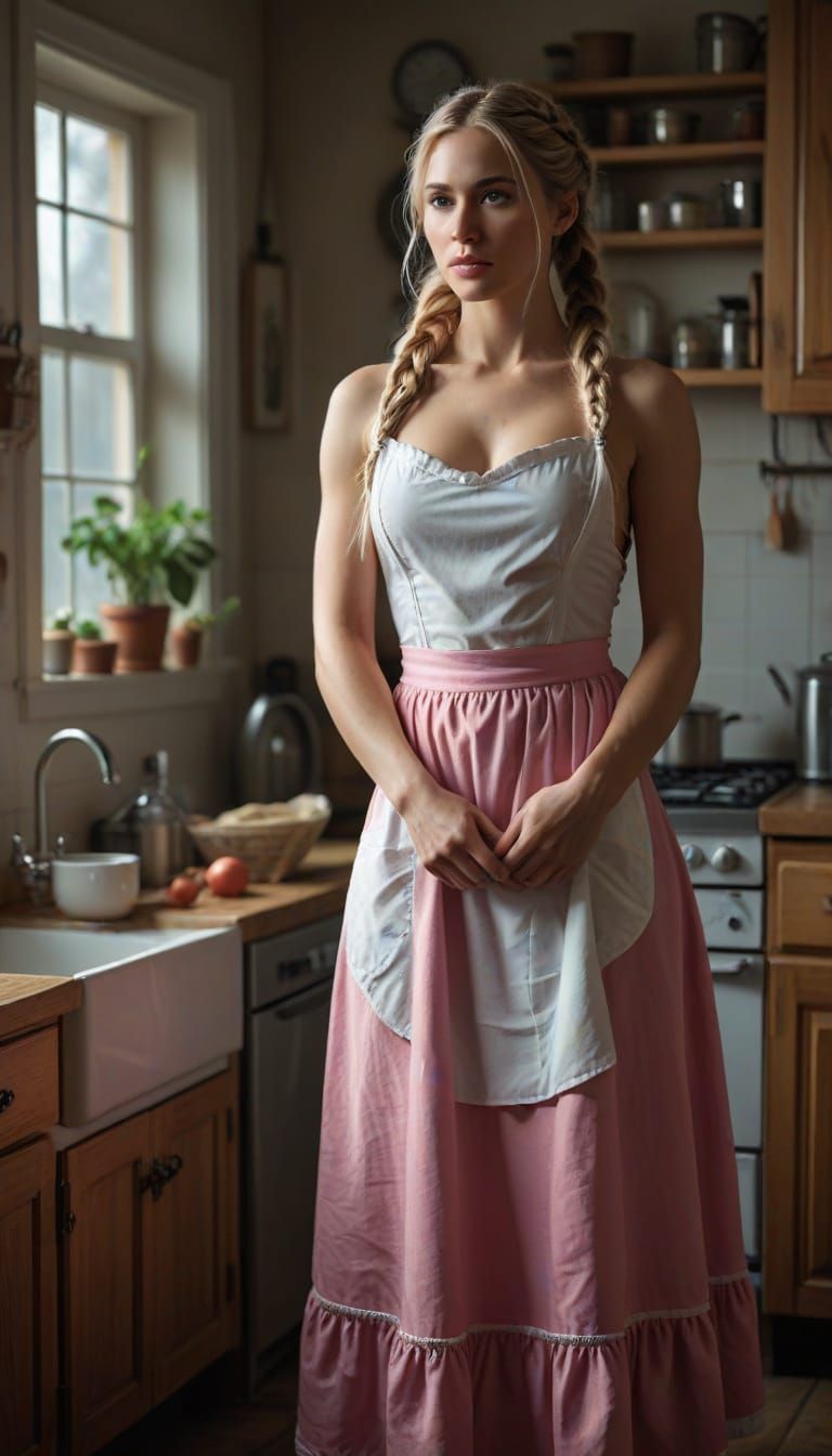 Stunning Blonde Maid in Kitchen: Hyperrealistic Portrait