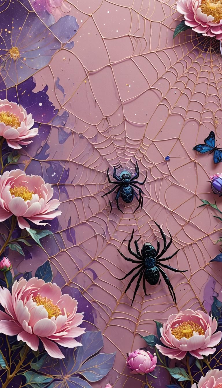 Spider and Peonies in Spiderweb: Van Gogh-Inspired Cosmic Ar...