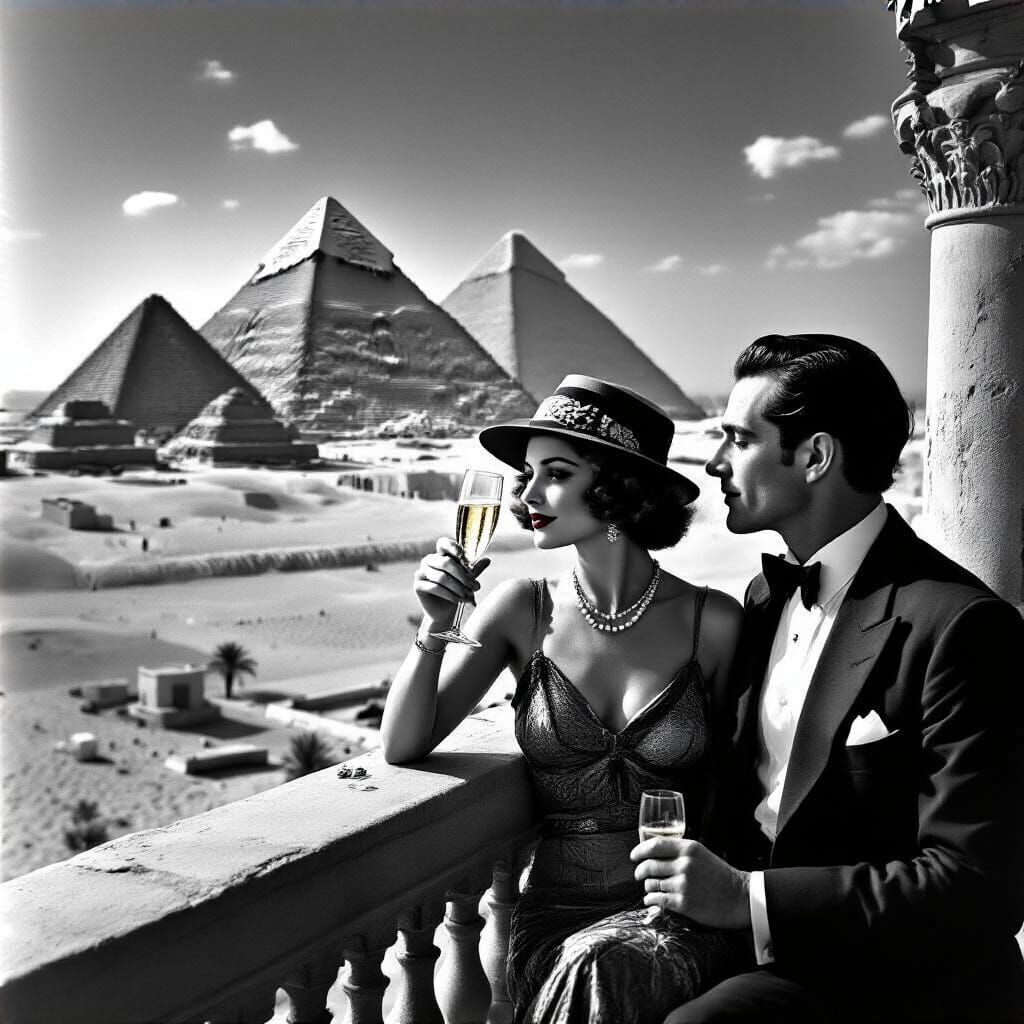 Elegant Couple Overlooking Pyramids in Vintage Film Still