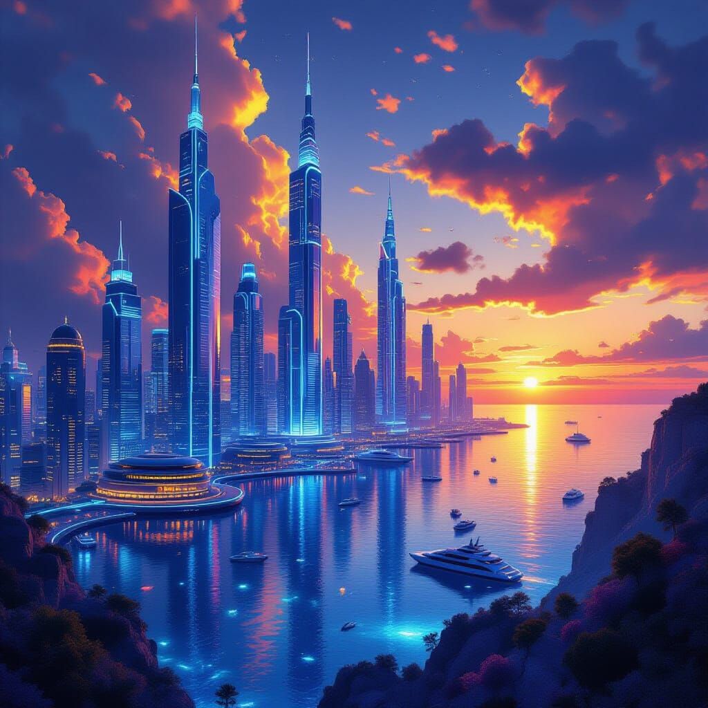 Underwater City at Sunset with Bioluminescent Skyscrapers