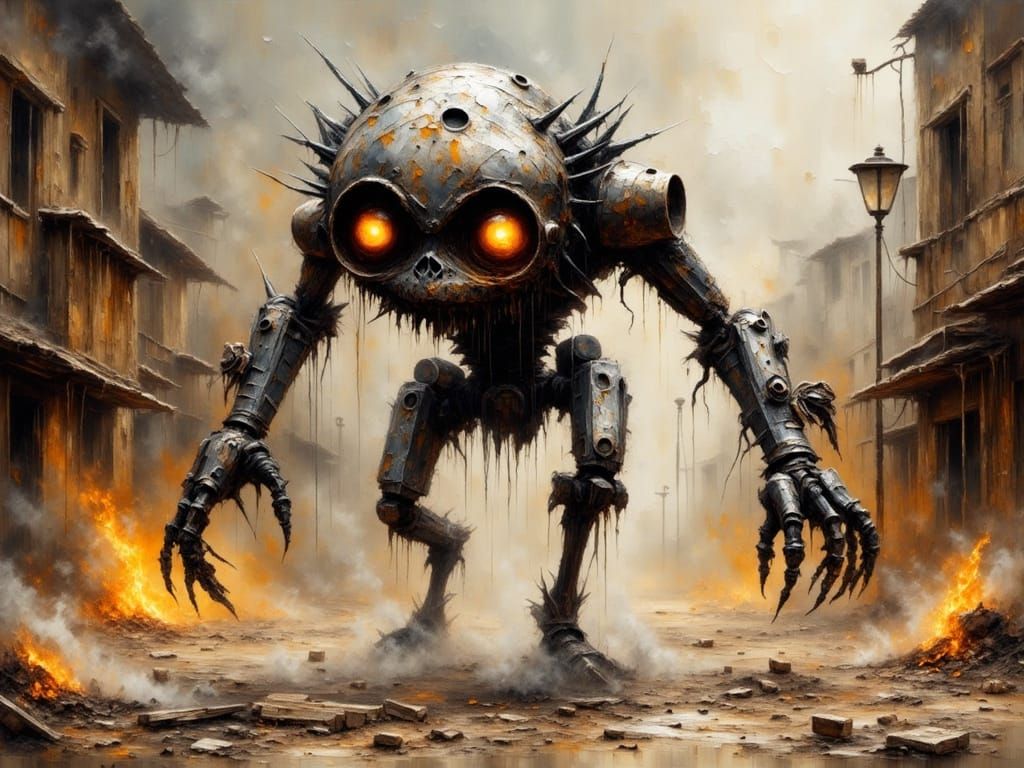 Menacing Biomechanical Hybrid in Apocalyptic Ruins