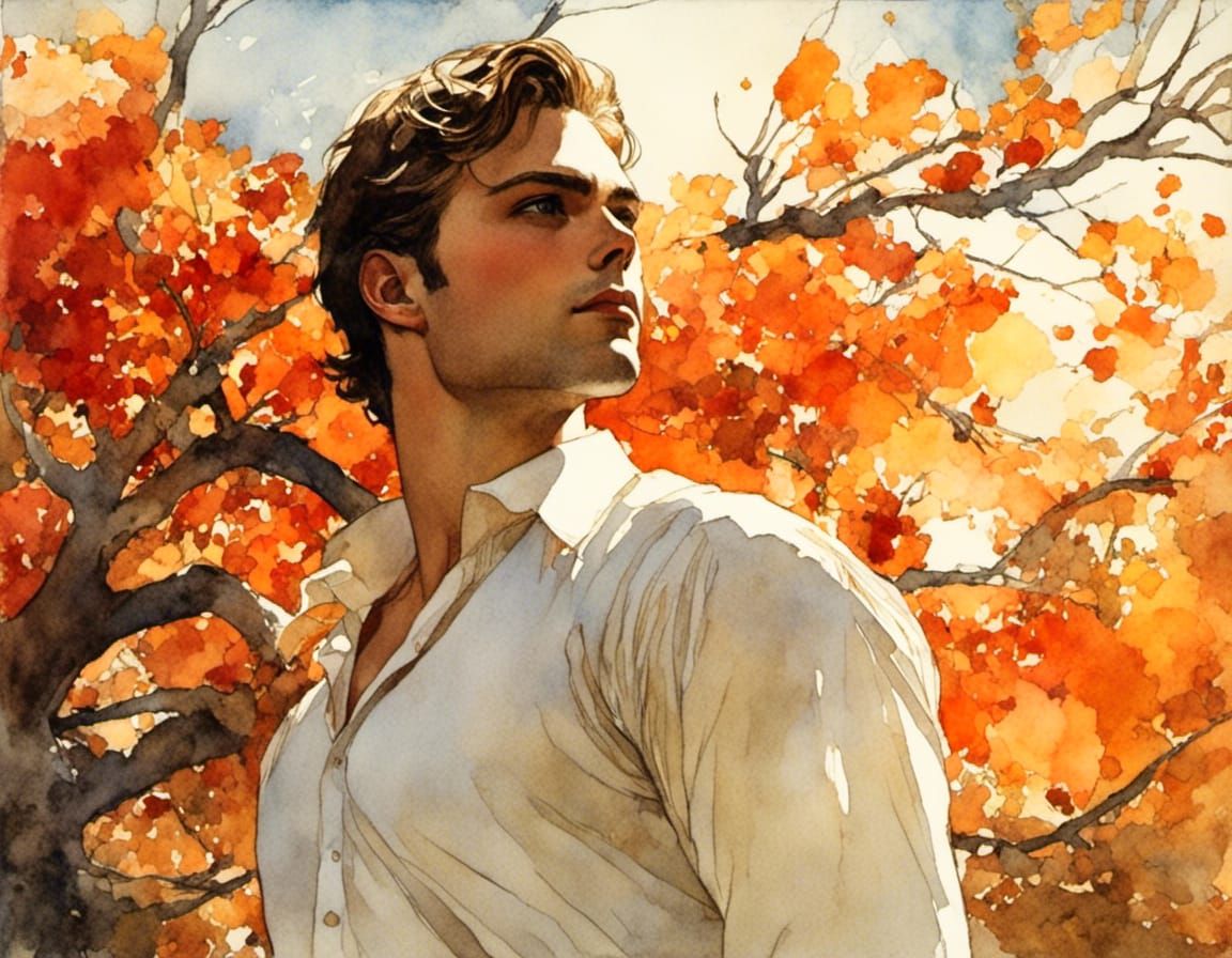 Sebastian Stan Portrait in Autumnal Watercolor Illustration