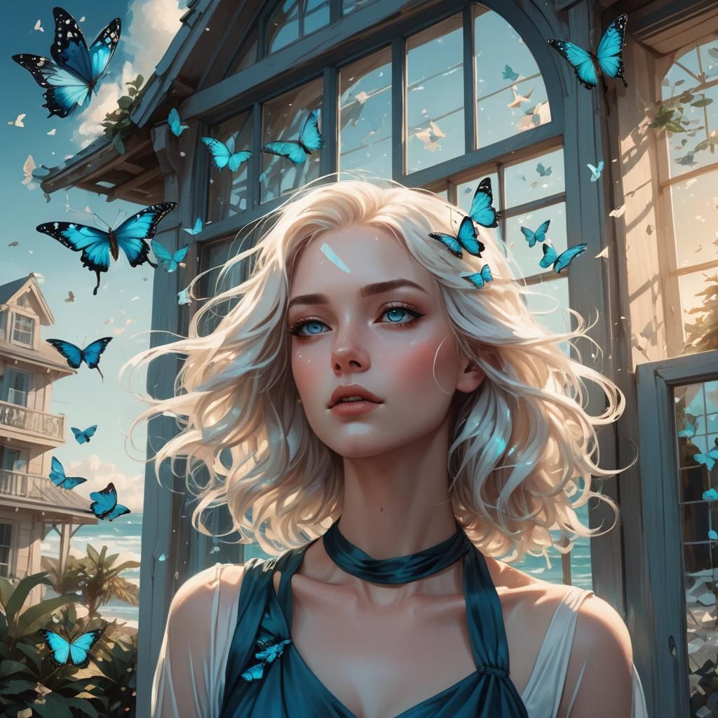 Ethereal French Girl on Beach with Butterflies