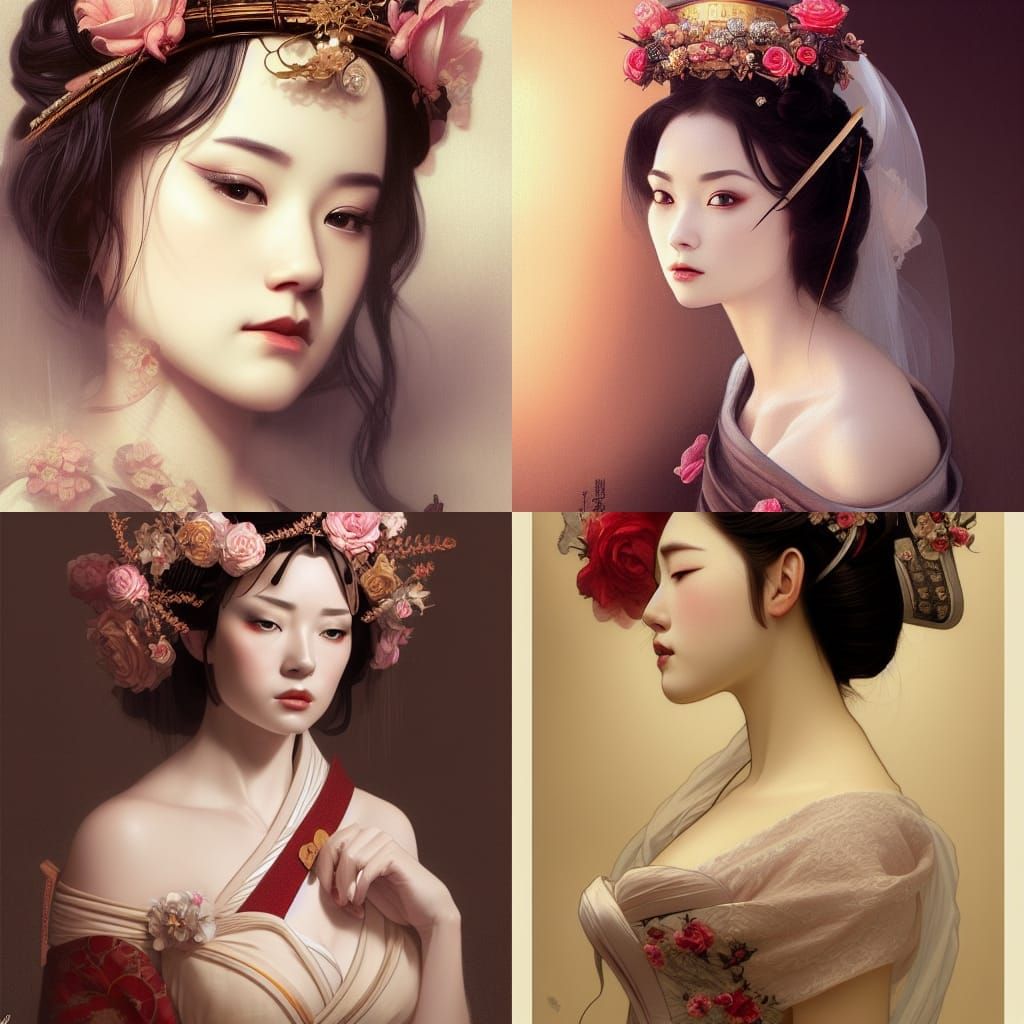Renaissance Geisha Portrait with Rose Crown