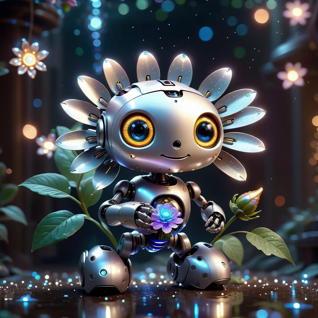 Adorable Robot with Metallic Flower, Pixar Style