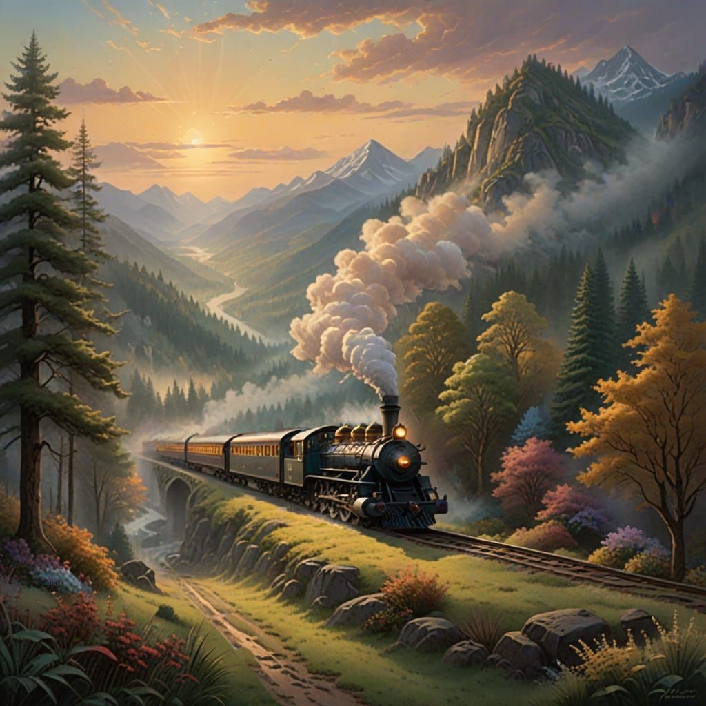 Ethereal Train Journey Through Misty Landscape