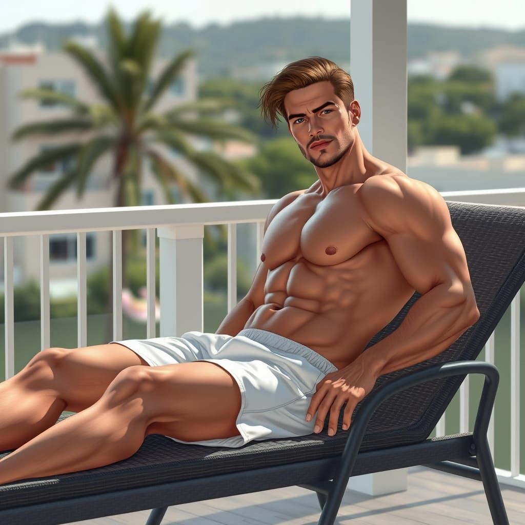 Muscular Man Relaxing on Balcony with Realistic Lighting