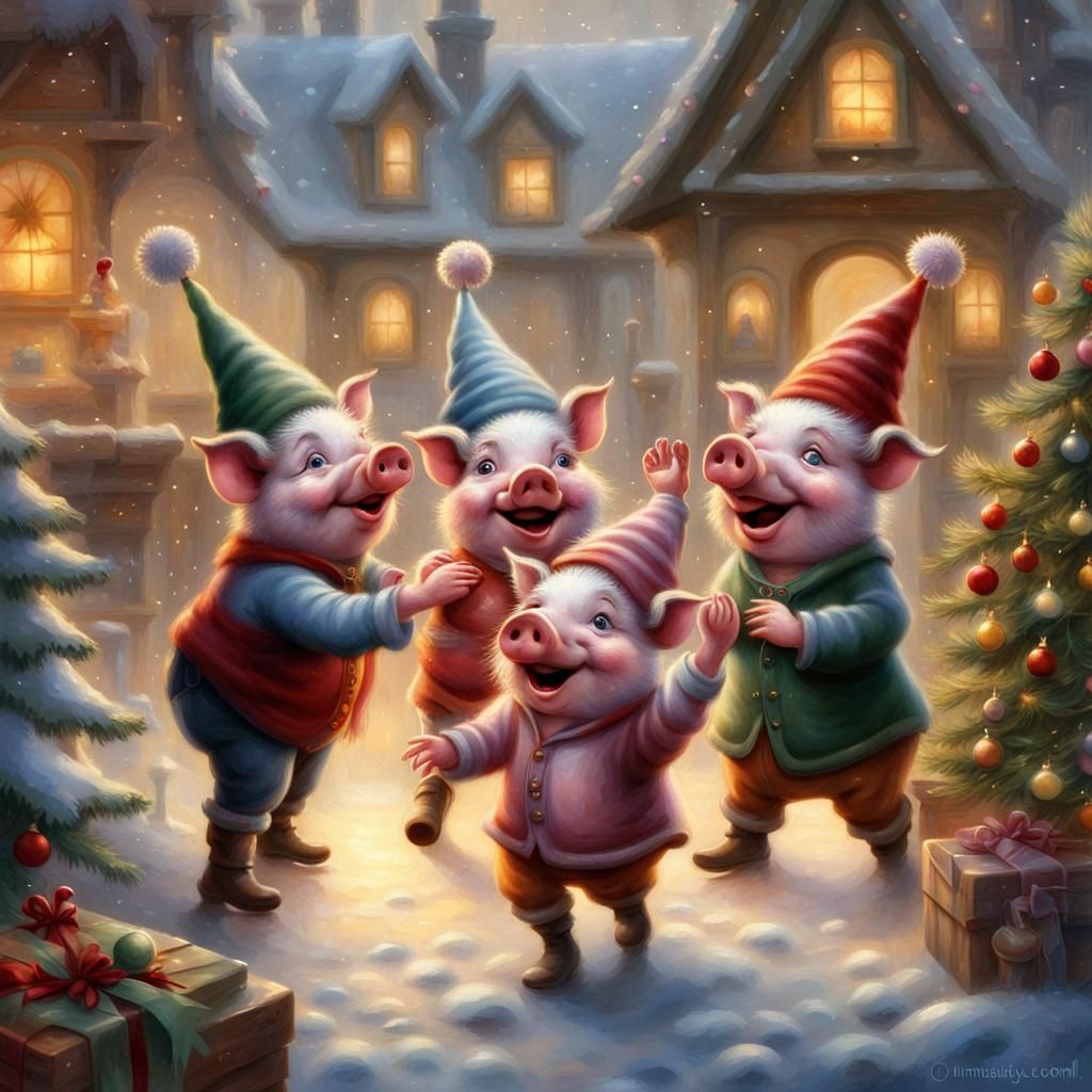 Pigs in Gnome Hats Dancing at Christmas