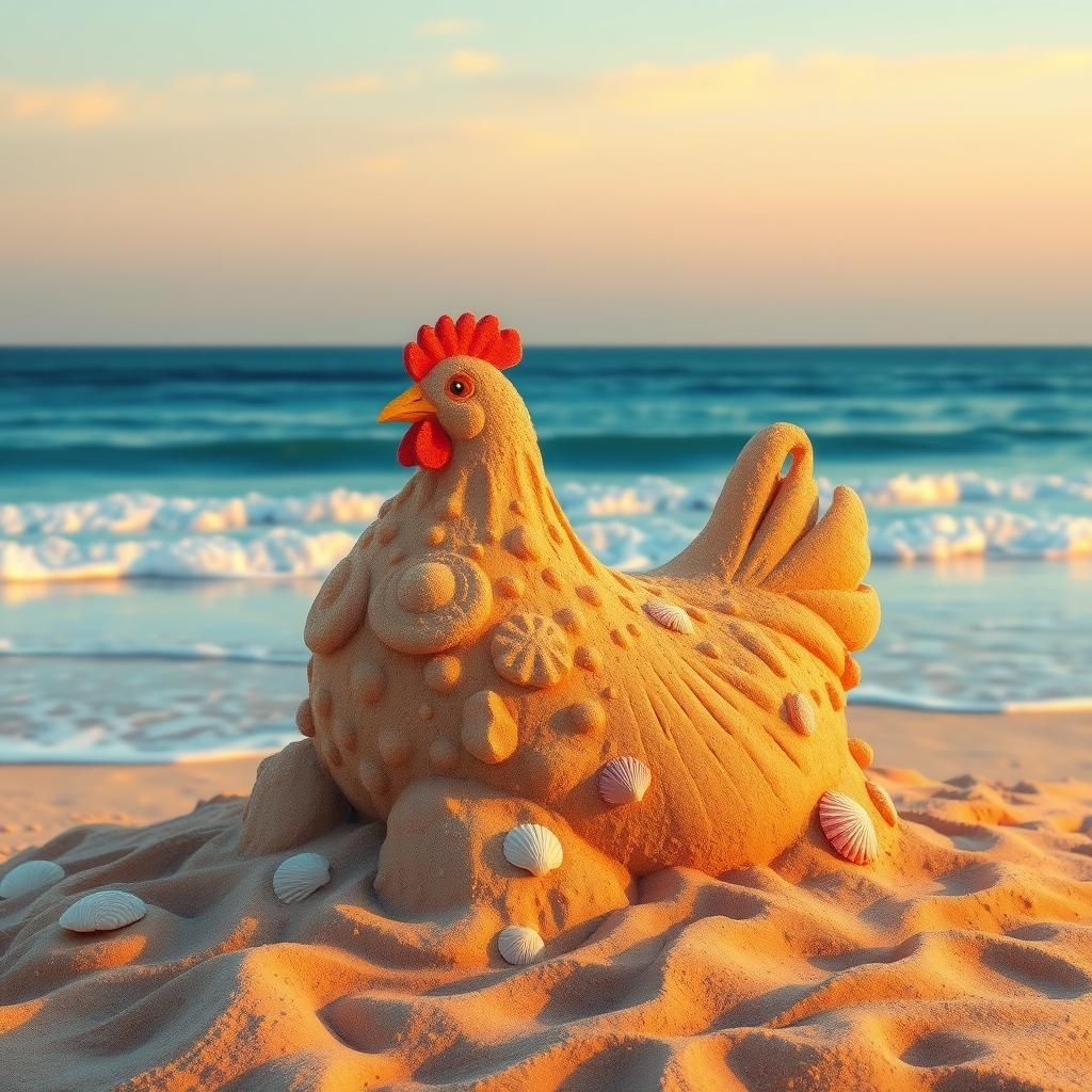 Intricate Chicken Sandcastle on Beach at Sunset