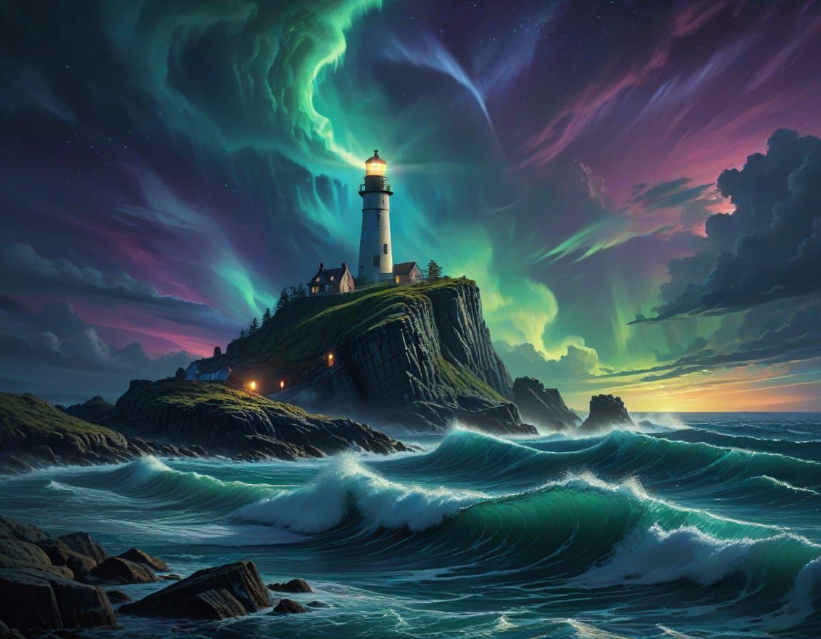 Surreal Lighthouse Beam Pierces Night Sky