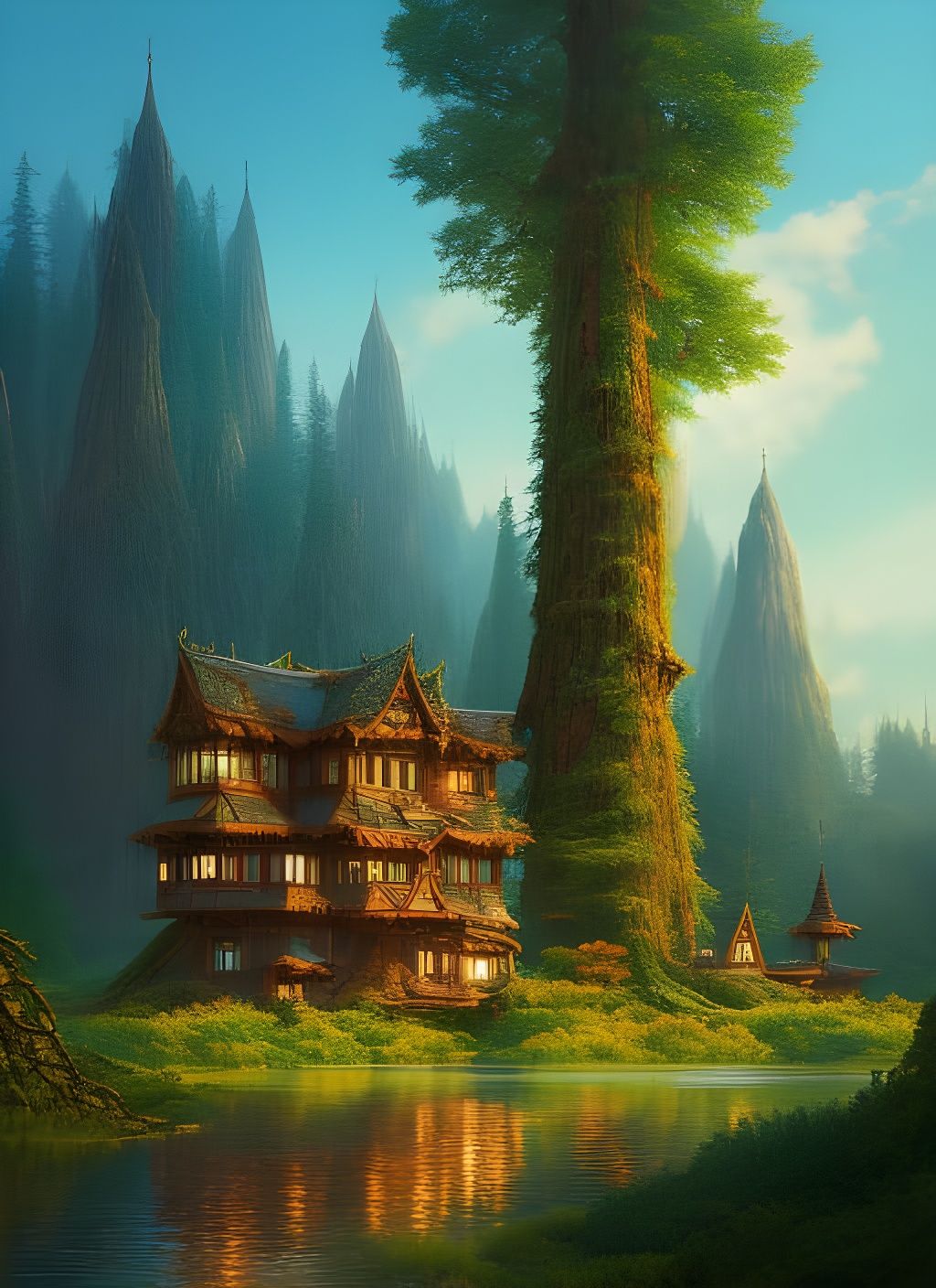 Majestic Elf Manor in Tree Root: Digital Art